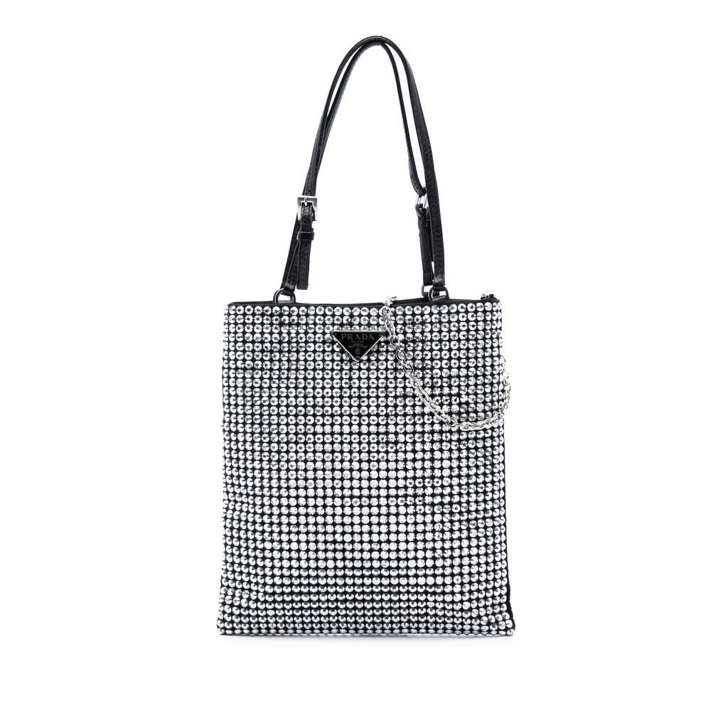 Prada Satin Crystal Embellished Chain Flat Tote Black Very good condition - Front View