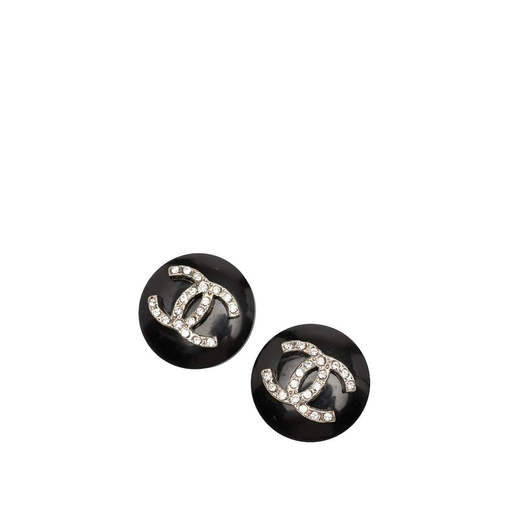 Chanel CC Resin Strass Round Clip On Earrings Black Plastic Very good condition - Front View