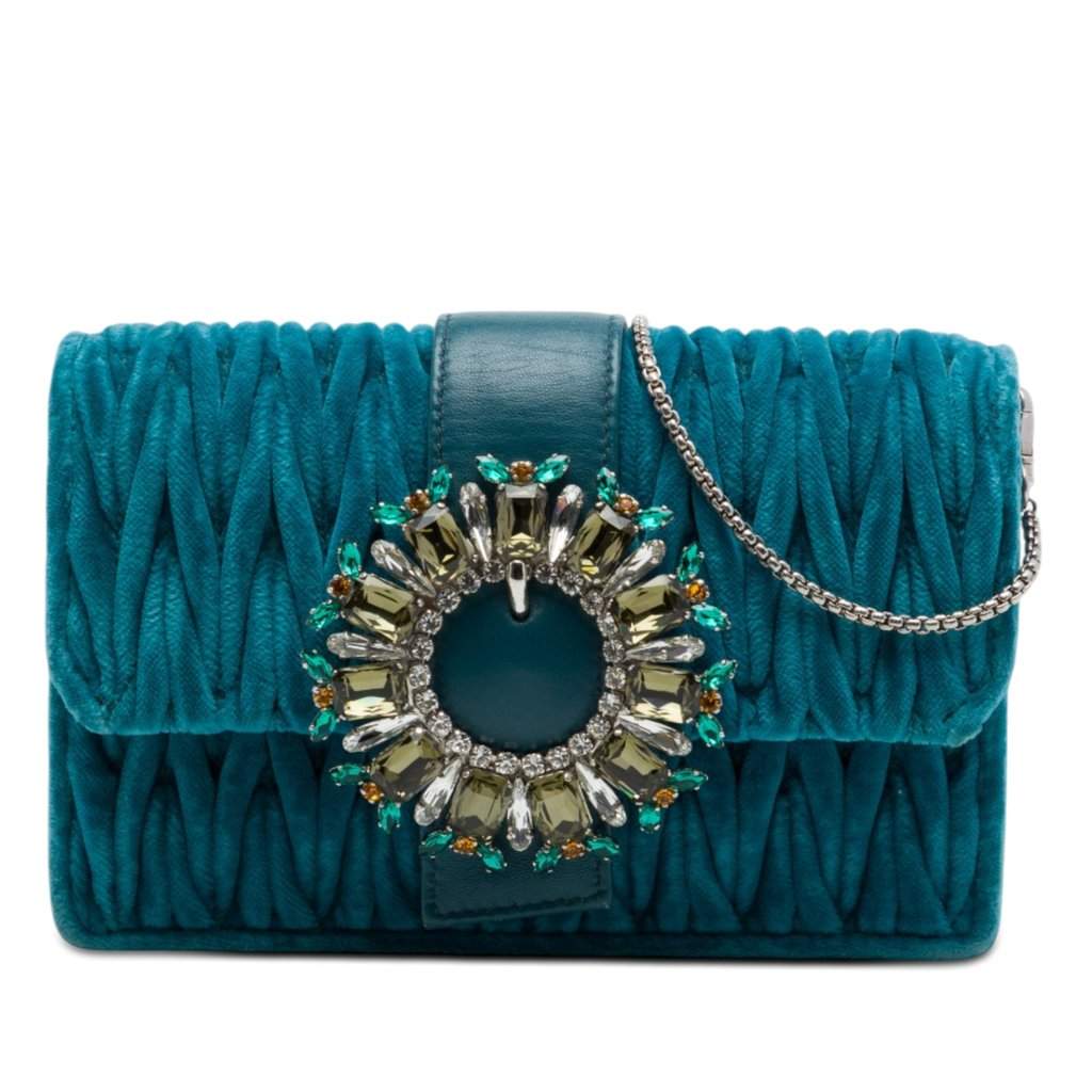 Miu Miu Matelasse Velvet Crystal Embellished Crossbody Blue Very good condition - Front View