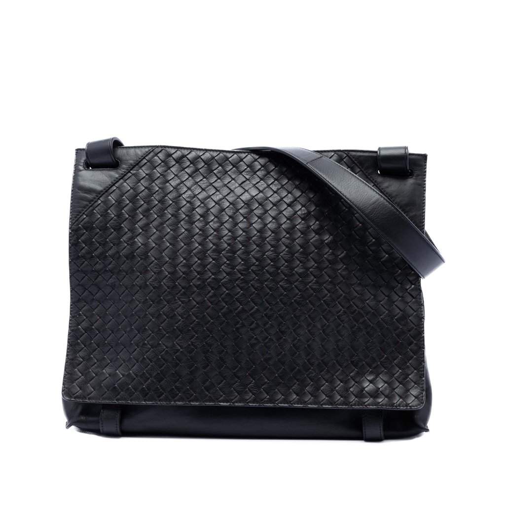 Bottega Veneta Intrecciato Trimmed Nappa Messenger Bag Black Leather Very good condition - Front View