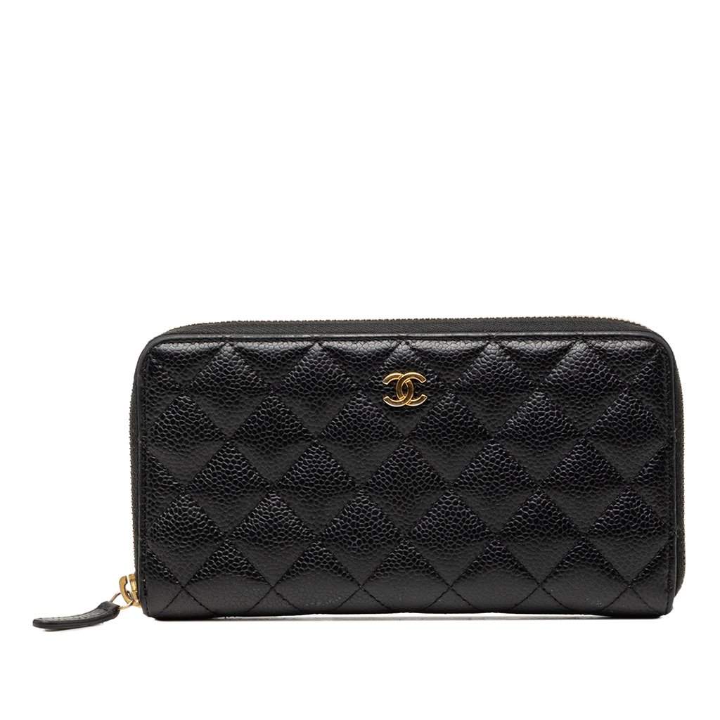 Chanel CC Quilted Caviar Zip Around Long Wallet Black Leather Very good condition - Front View