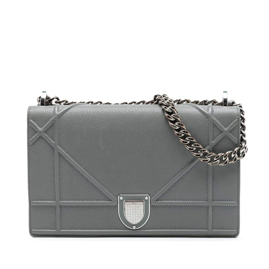 Dior Medium Grained Calfskin Diorama Flap Grey Leather Good - Front View