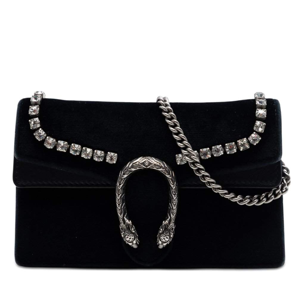 Gucci Mini Crystal Embellished Velvet Dionysus Crossbody Black Very good condition - Front View