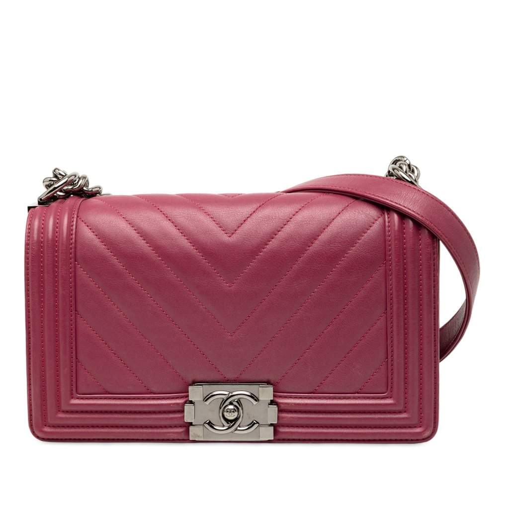 Chanel Old Medium Chevron Lambskin Boy Flap Pink Leather Very good - Front View