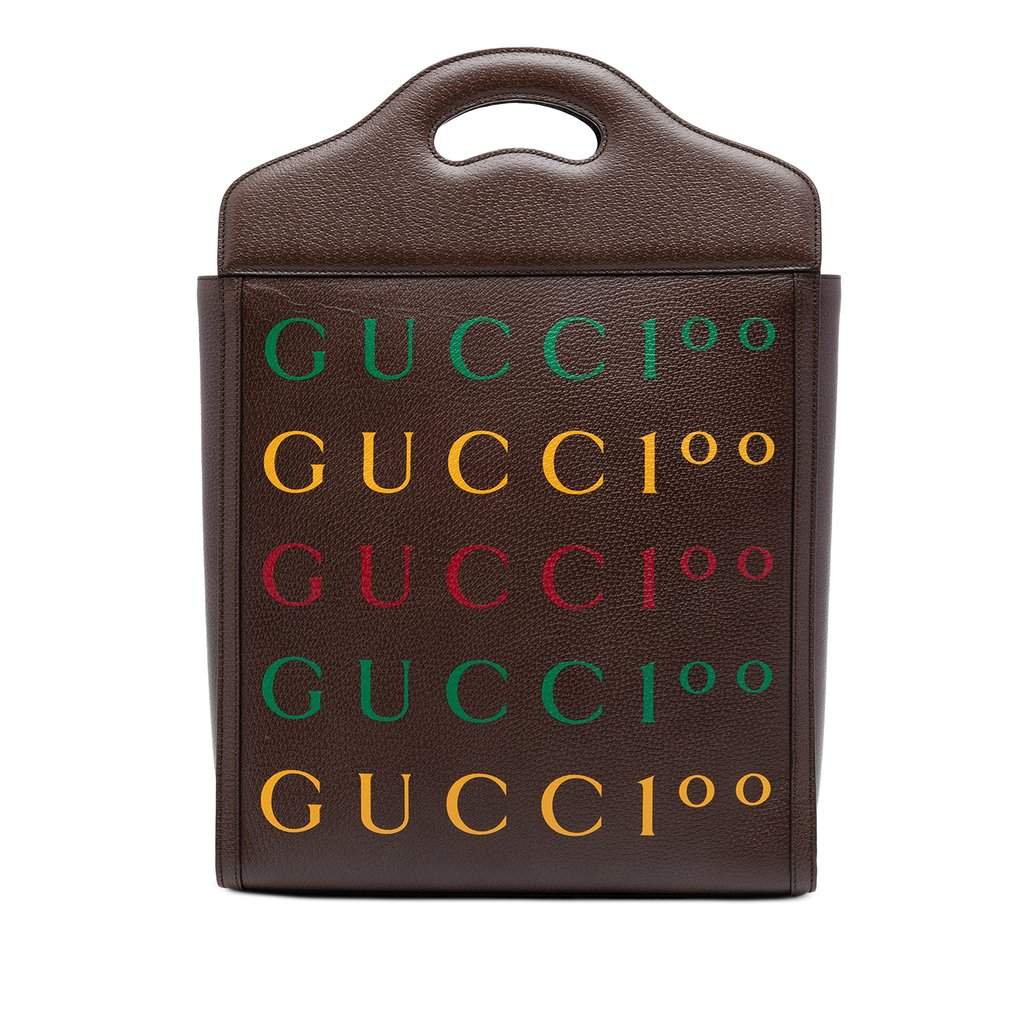 Gucci 100th Anniversary Textured Calfskin Logo Convertible Tote Brown Leather Very good condition - Front View