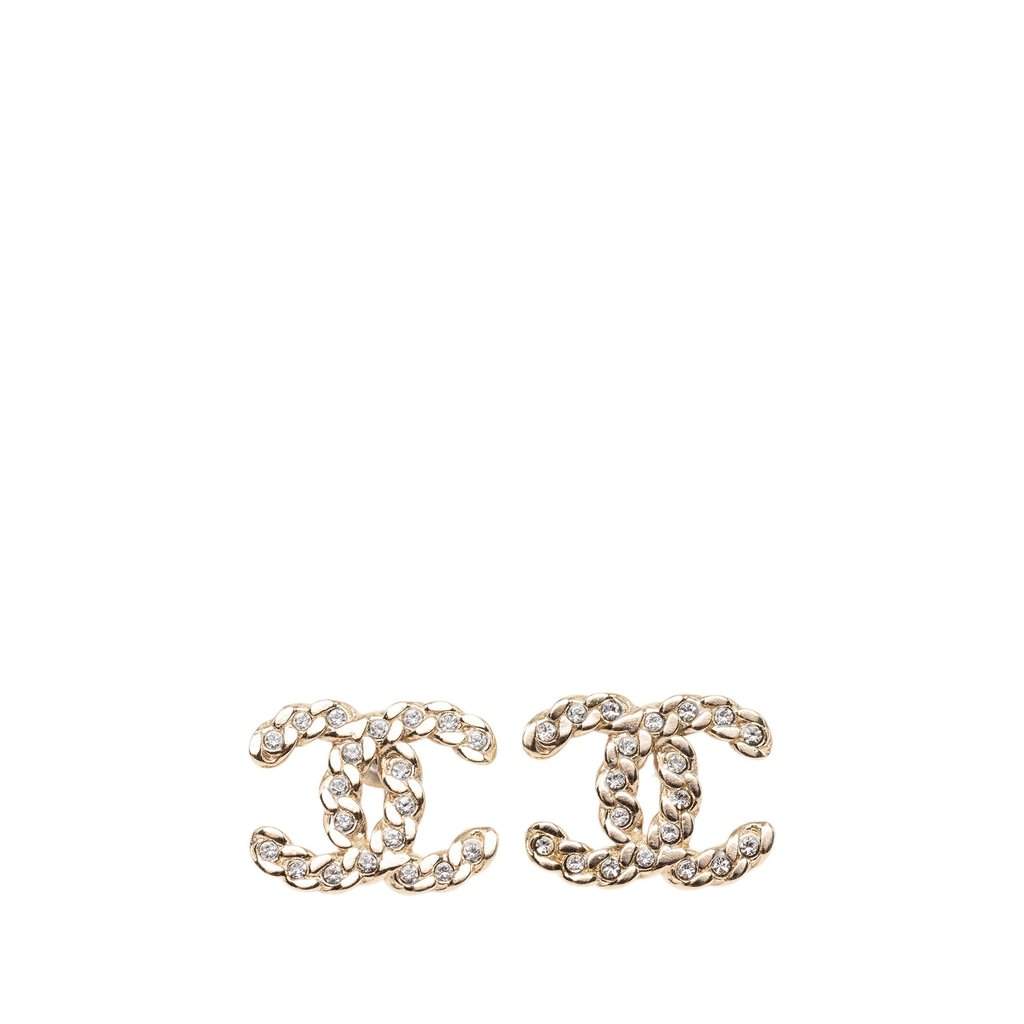 Chanel CC Gold Plated Strass Twisted Chain Link Bullet Back Earrings Gold Metal Very good condition - Front View