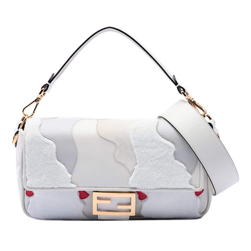 Fendi Nappa and Mink Fur Faces Baguette Satchel Silver Leather Very good condition - Front View