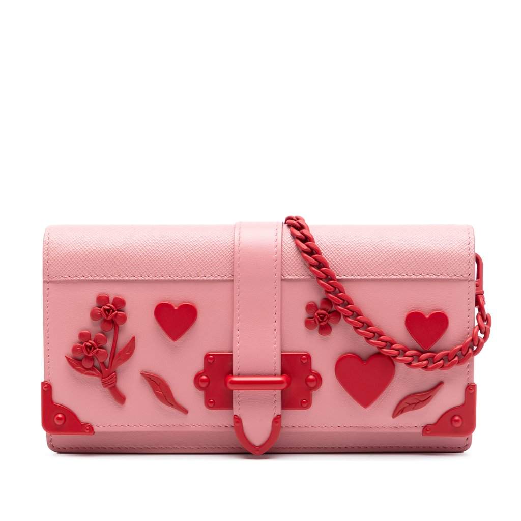 Prada Saffiano Trimmed City Calf Cahier Heart and Flower Wallet on Chain Pink Leather Very good condition - Front View