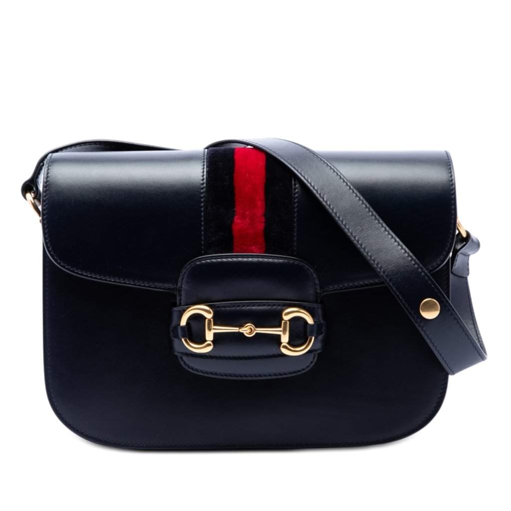 Gucci Medium Leather Web 1955 Horsebit Shoulder Bag Blue Leather Very good condition - Front View