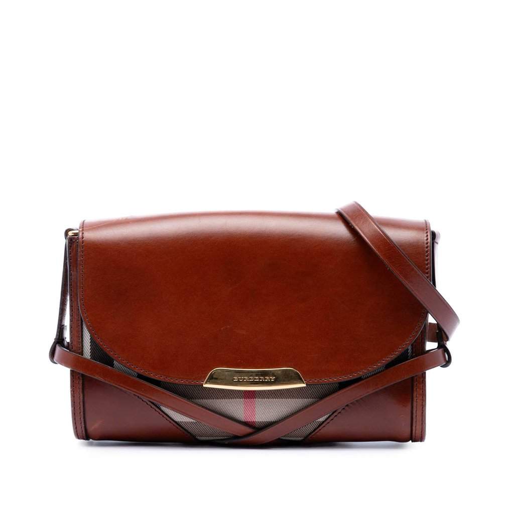 Burberry Leather and House Check Canvas Bridle Abbott Crossbody Brown Leather Very good - Front View