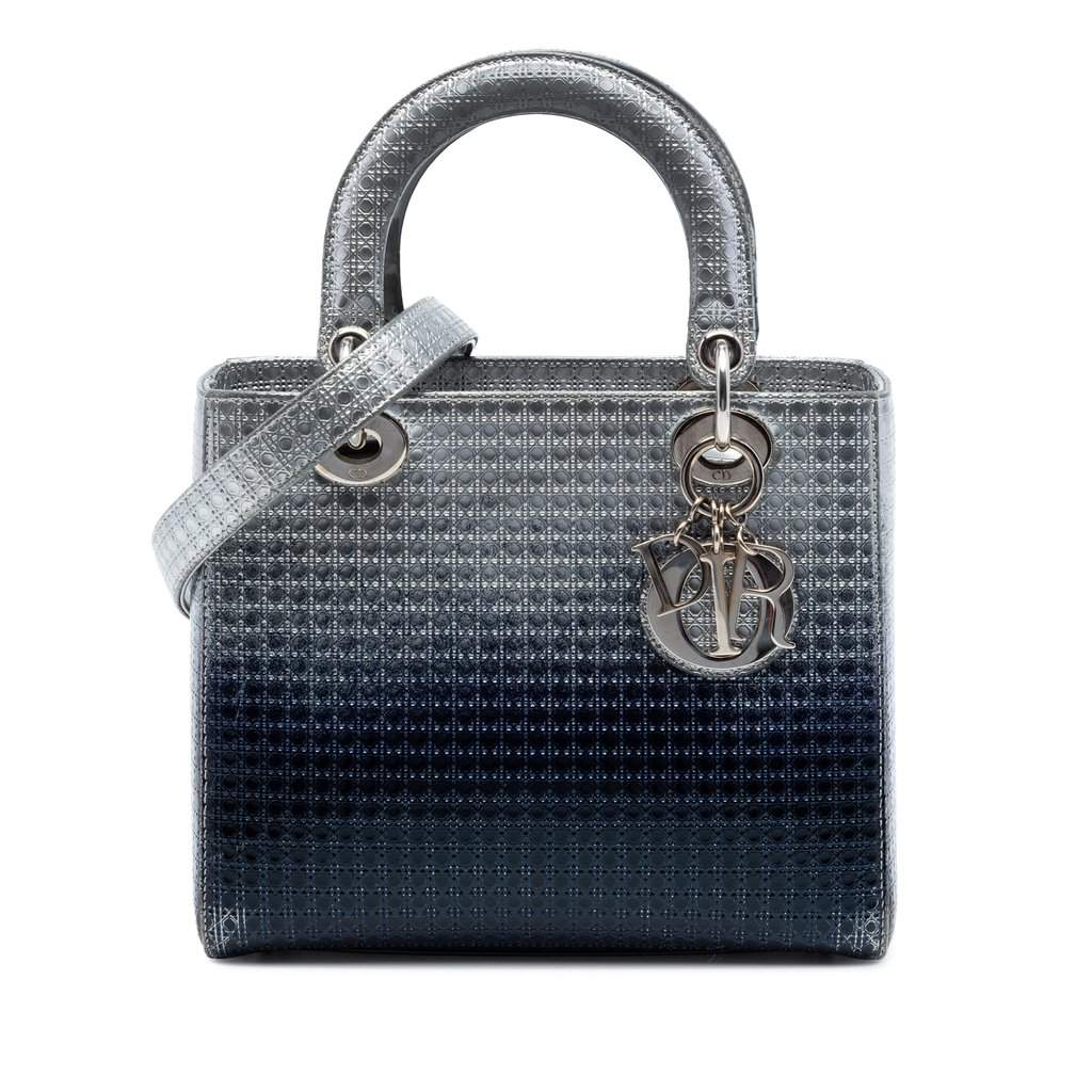 Dior Medium Ombre Metallic Patent Microcannage Lady Dior Silver Leather Very good condition - Front View