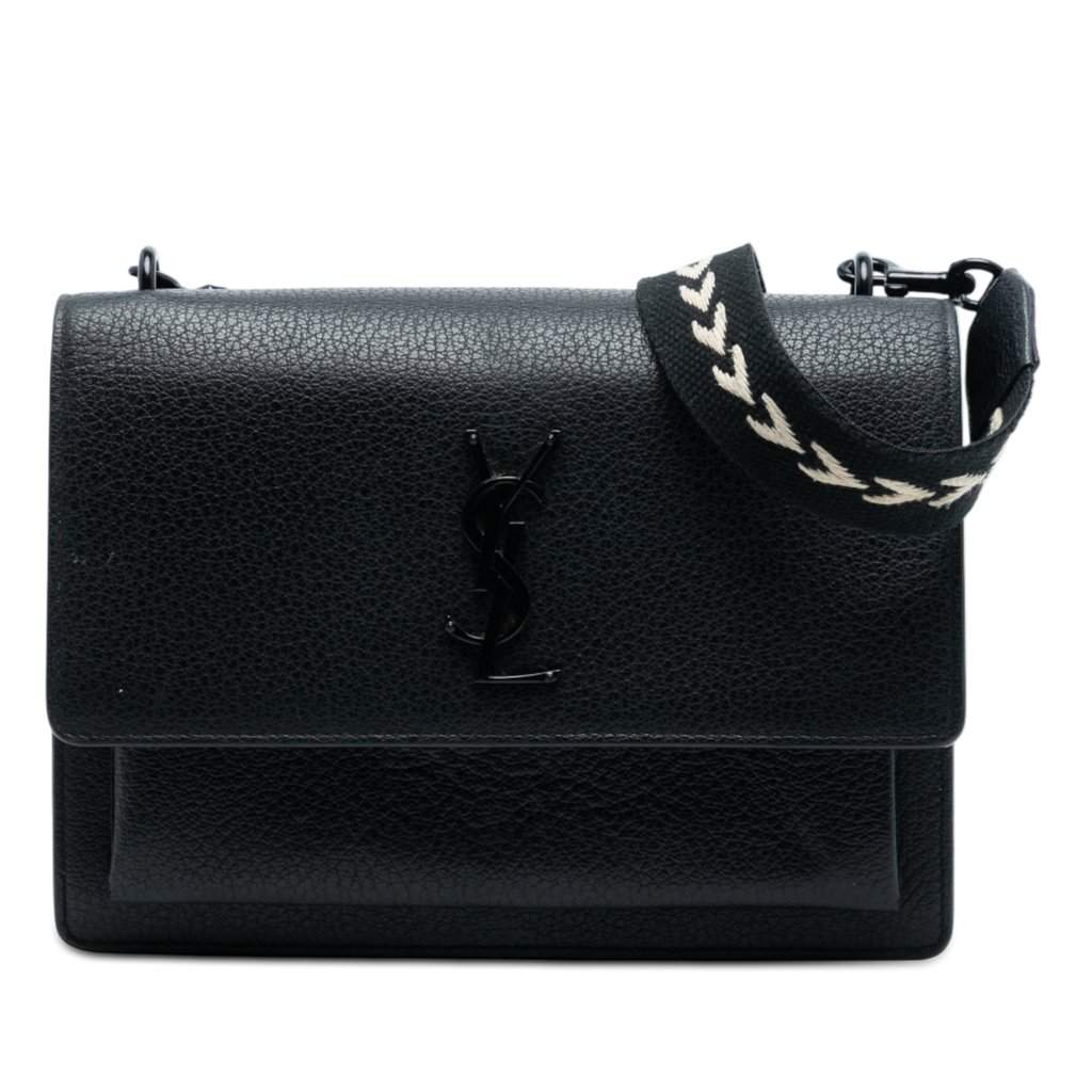 Saint Laurent Medium Grained Calfskin Guitar Strap Monogram Sunset Crossbody Black Leather Very good condition - Front View