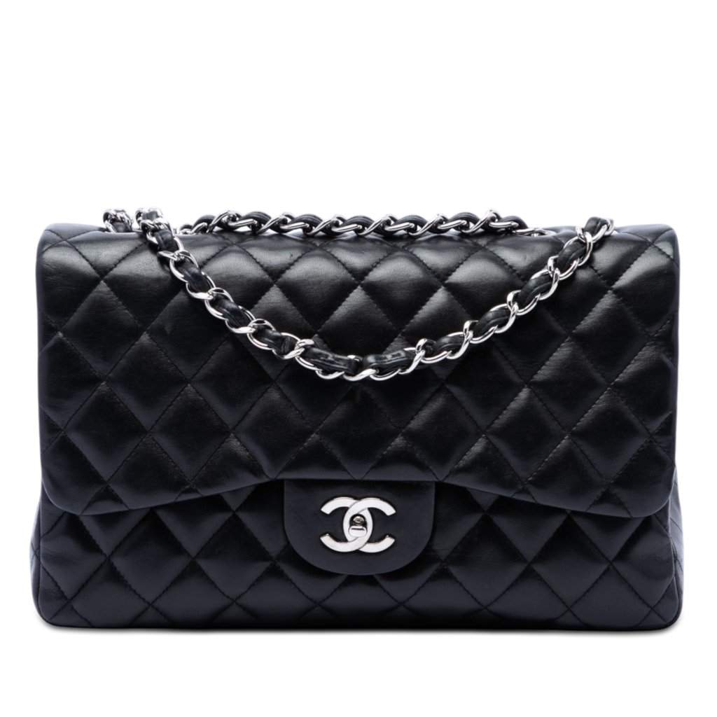 Chanel Jumbo Classic Lambskin Single Flap Black Leather Very good condition - Front View