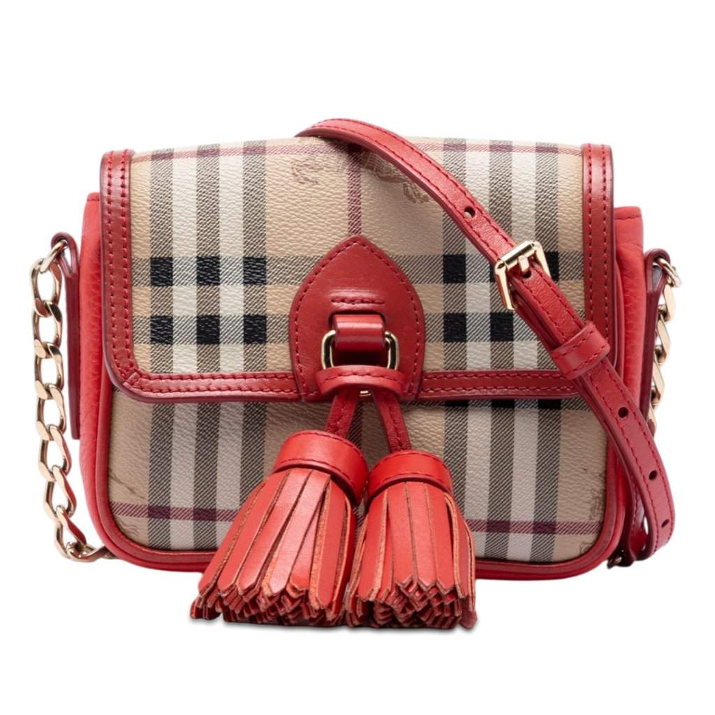 Burberry Mini Haymarket Check Coated Canvas Tassel Crossbody Beige Very good - Front View