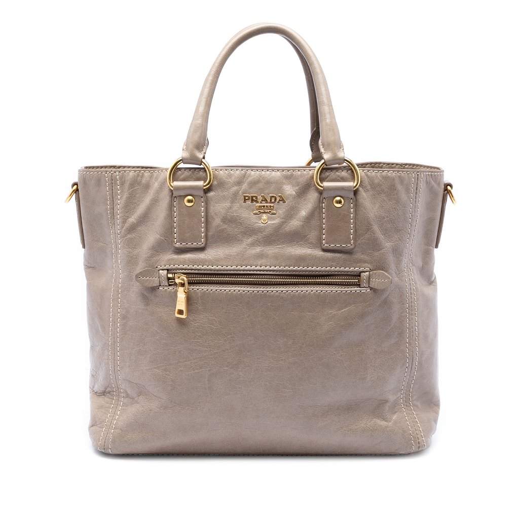 Prada Vitello Shine Front Pocket Convertible Tote Brown Leather Very good condition - Front View