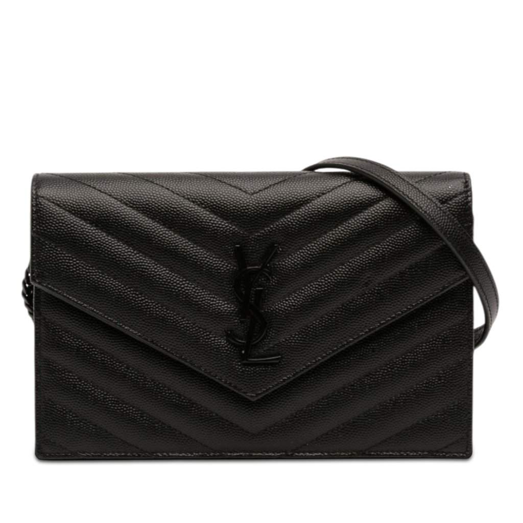 Saint Laurent Grain De Poudre Cassandre Monochrome Envelope Chain Wallet Black Leather Very good - Front View