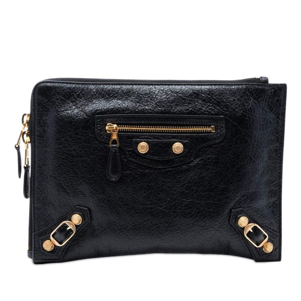 Balenciaga Lambskin Motocross Giant 12 Zip Around Flat Clutch Black Leather Very good condition - Front View