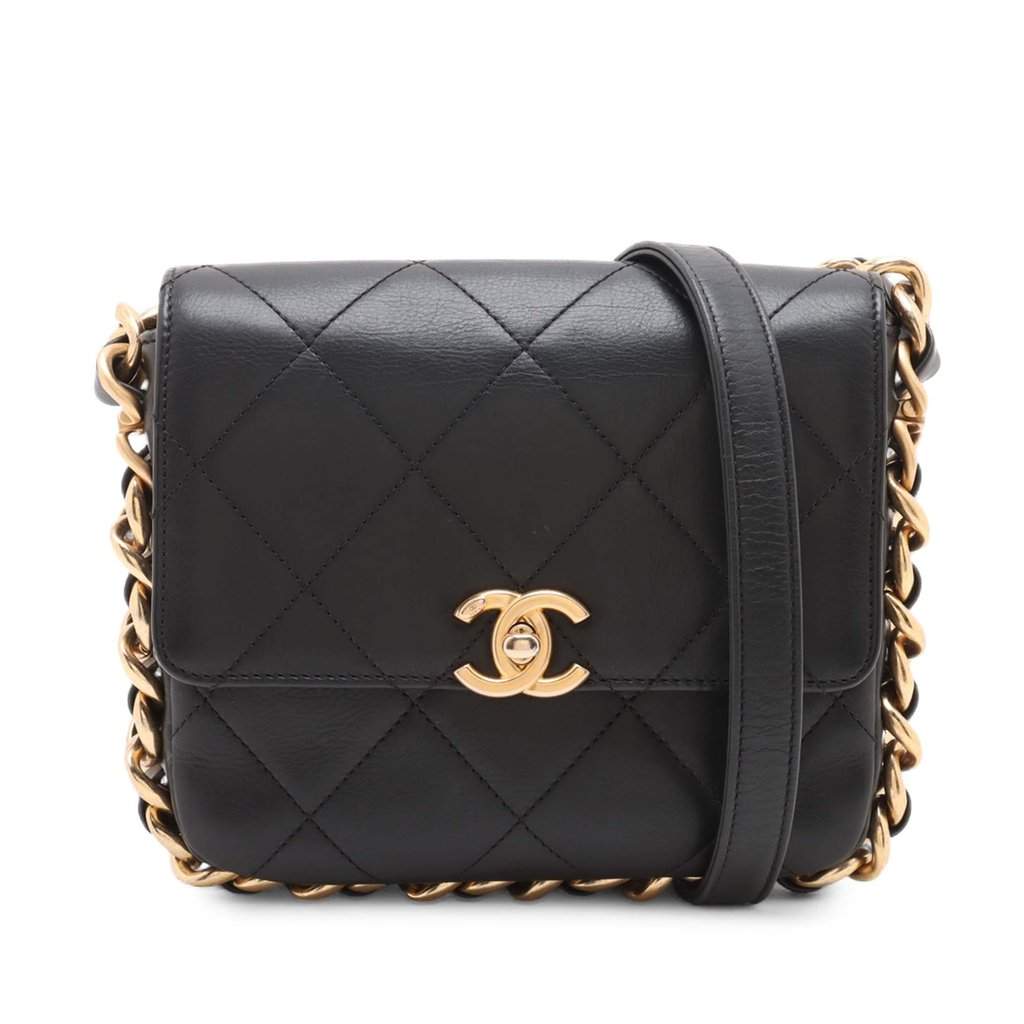 Chanel Small Quilted Calfskin Framing Chain Flap Black Leather Very good condition - Front View