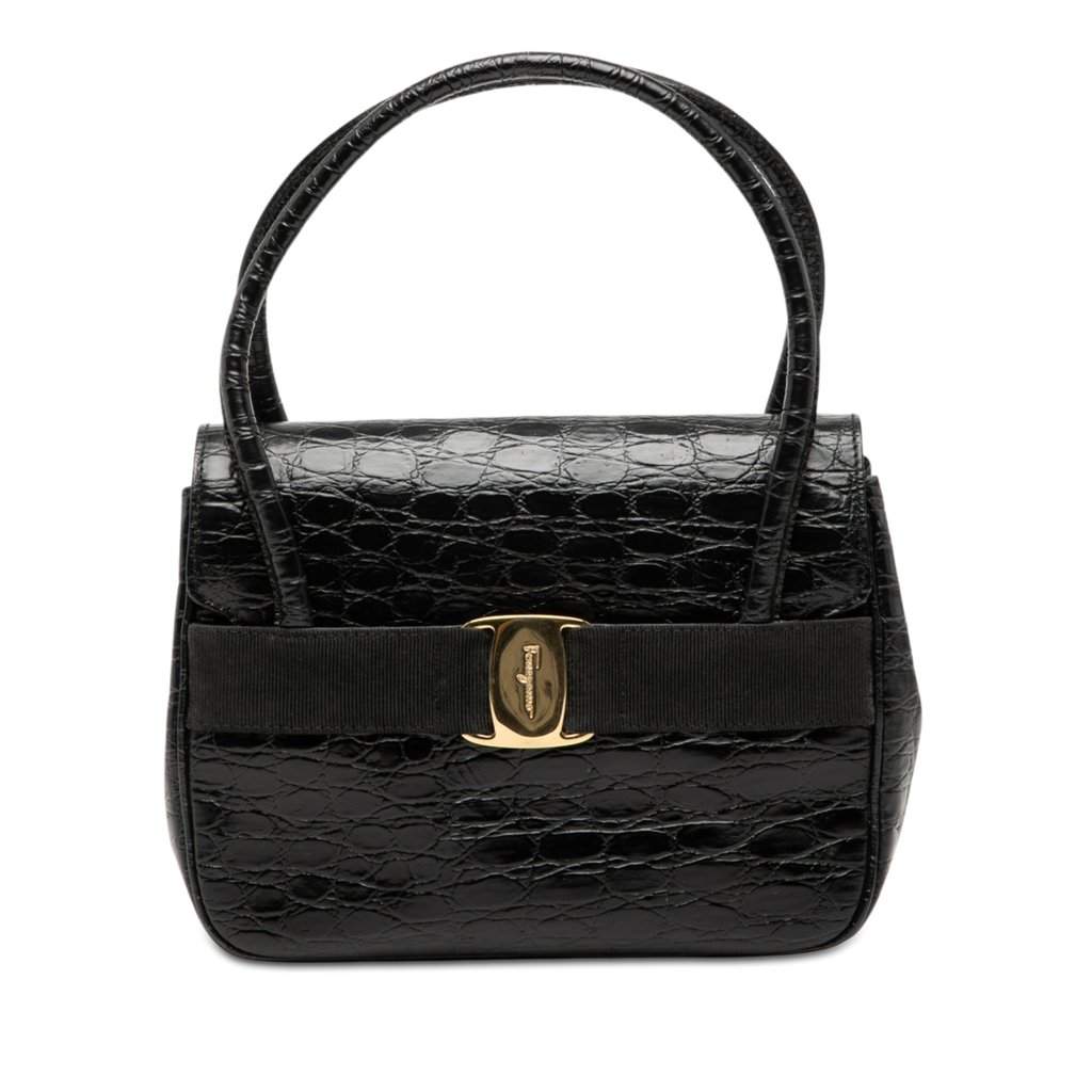 Salvatore Ferragamo Croc Embossed Vara Bow Top Handle Bag Black Leather Very good condition - Front View