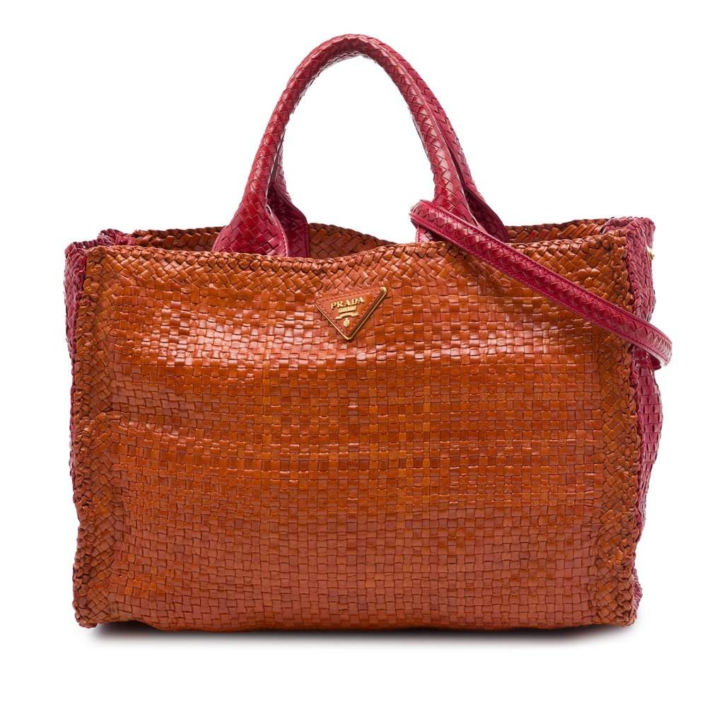 Prada Medium Bicolor Woven Goatskin Madras Shopping Tote Orange Leather Good - Front View