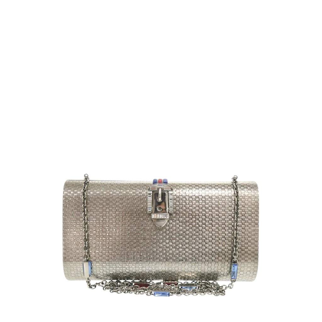 Gucci Brass Crystal Web Buckle Chain Shoulder Bag Silver Metal Very good condition - Front View