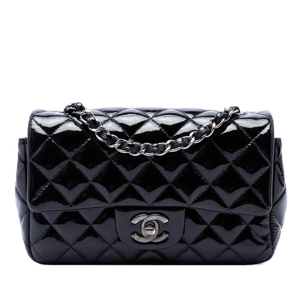 Chanel Mini Rectangular Classic Patent Single Flap Black Leather Very good - Front View