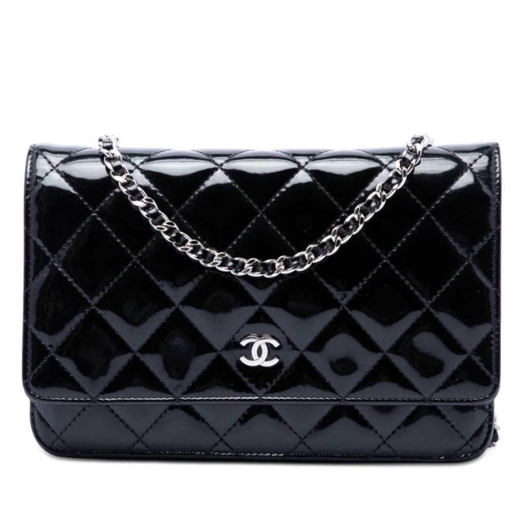 Chanel CC Quilted Patent Wallet On Chain Black Leather Very good condition - Front View