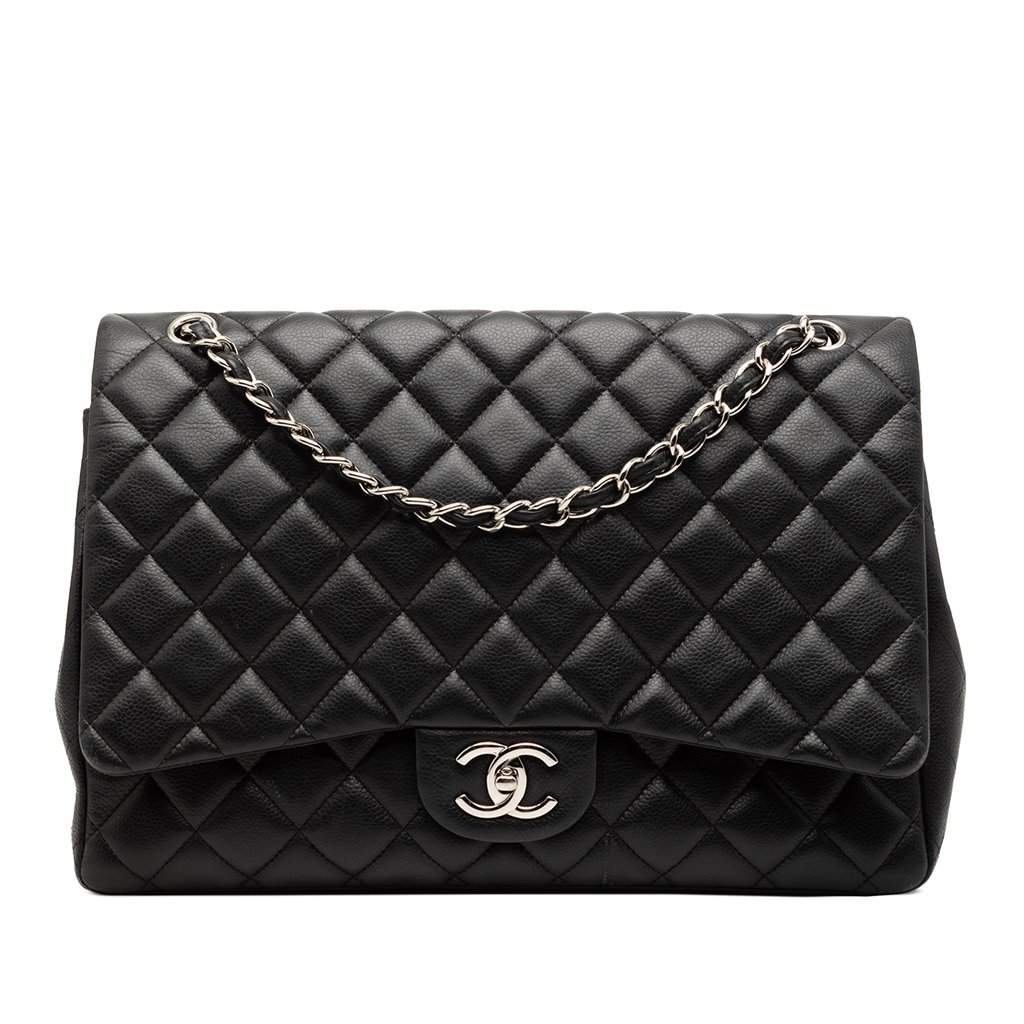 Chanel Maxi Classic Caviar Double Flap Black Leather Very good - Front View
