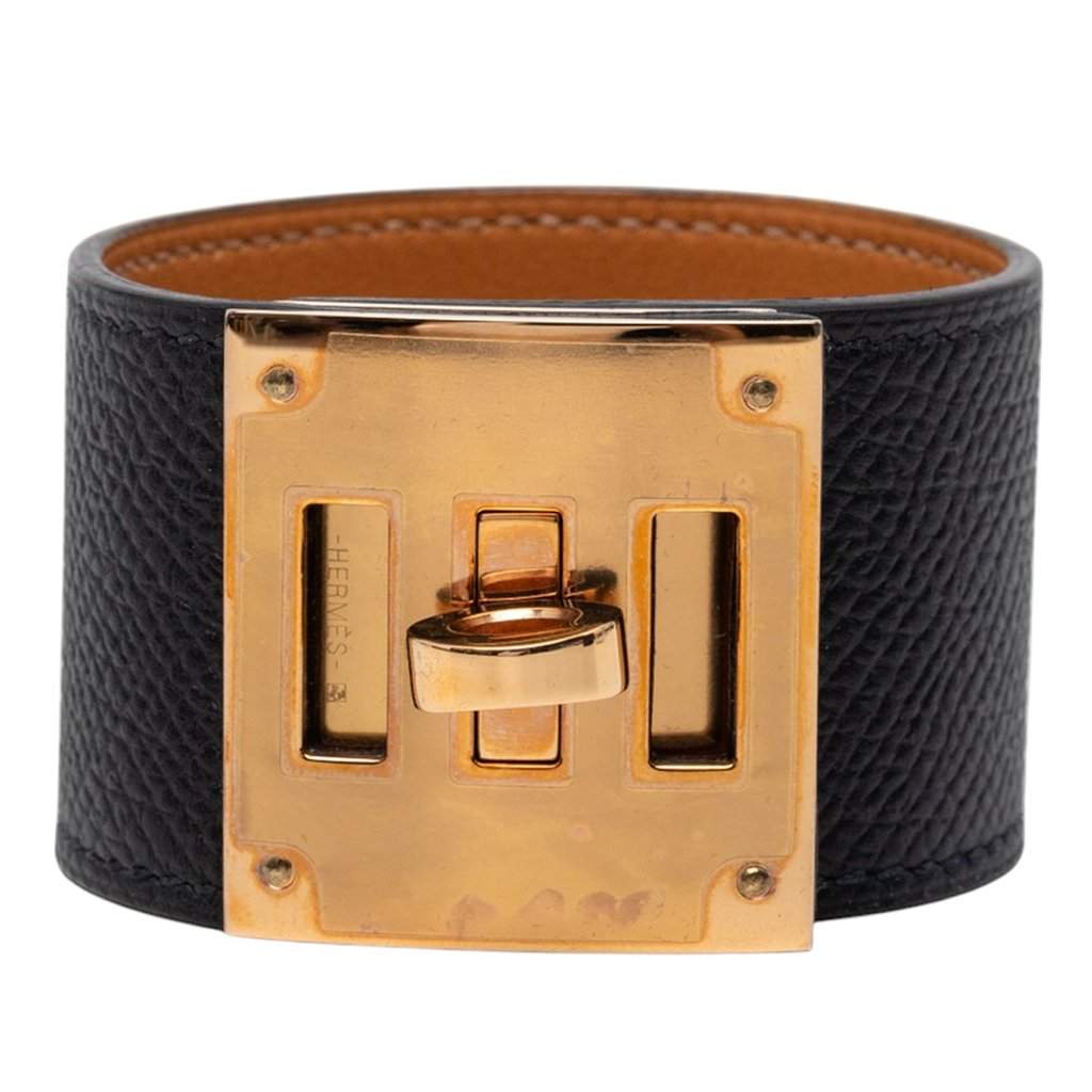 Hermès Epsom and Gold Plated Kelly Extreme Dog Bracelet Black Leather Very good condition - Front View