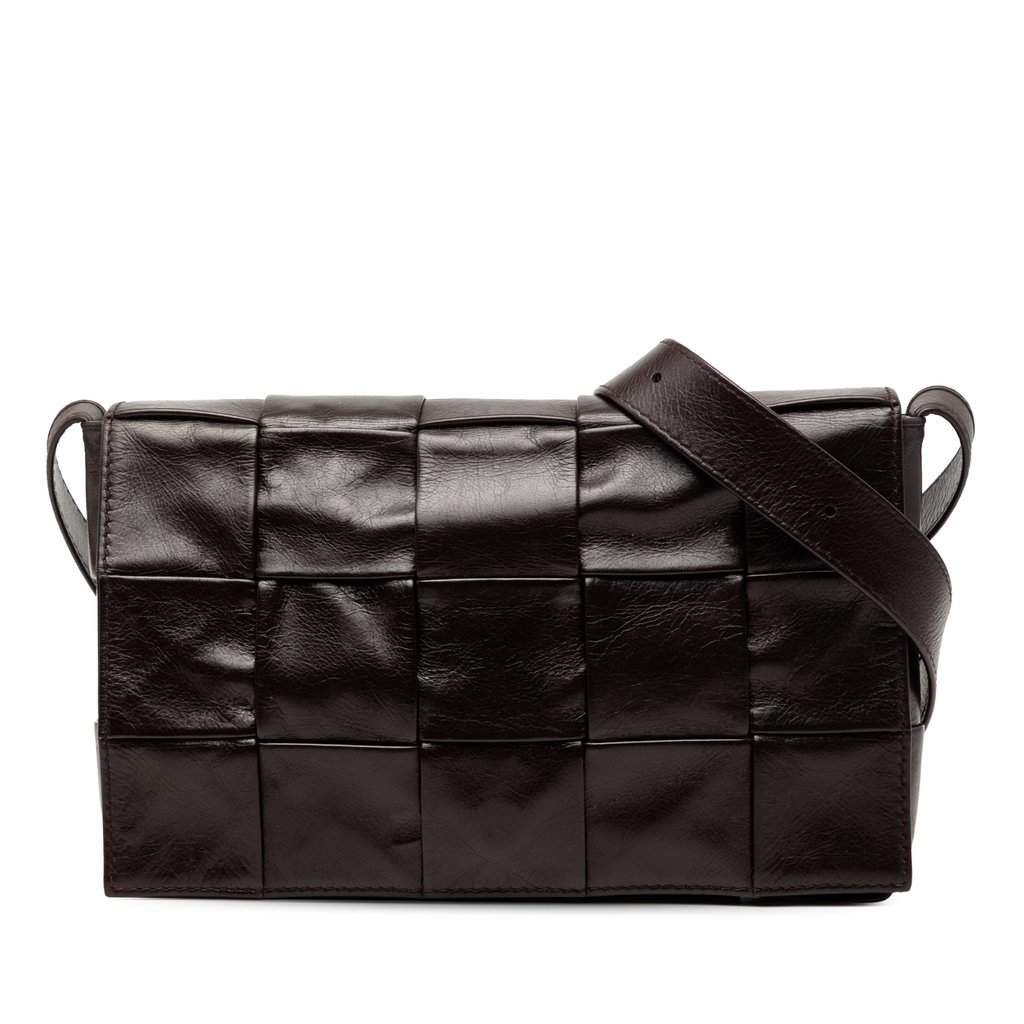 Bottega Veneta Paper Calfskin Intrecciato Cassette Crossbody Brown Leather Very good - Front View