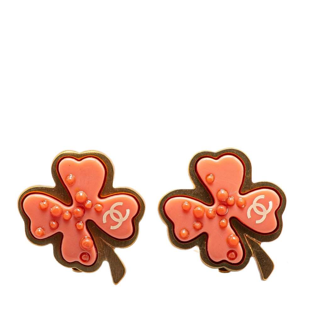 Chanel Gold Plated Enamel Clover Clip On Earrings Pink Very good condition - Front View