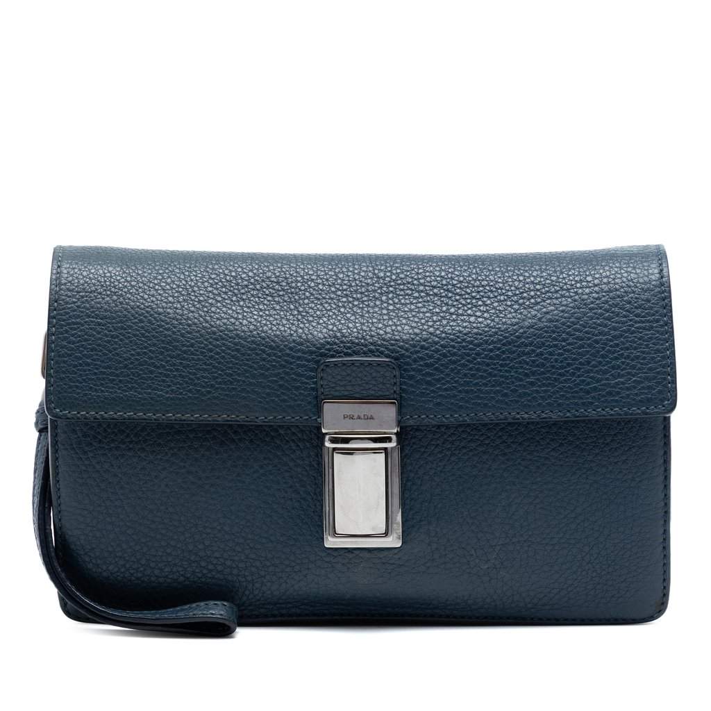 Prada Vitello Daino Clutch Blue Leather Very good condition - Front View