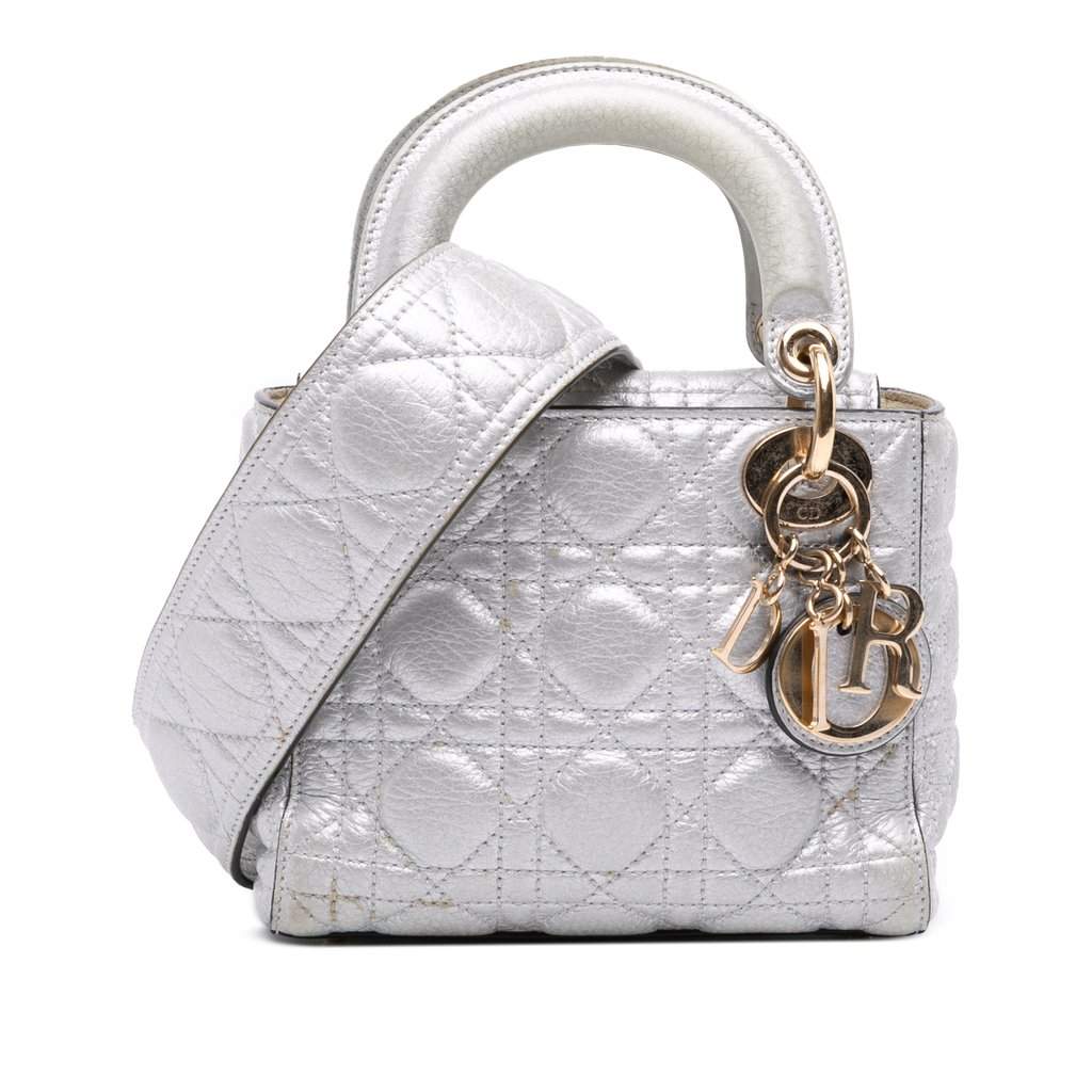 Dior Mini Metallic Grained Calfskin Cannage Lady Dior Silver Leather Very good - Front View