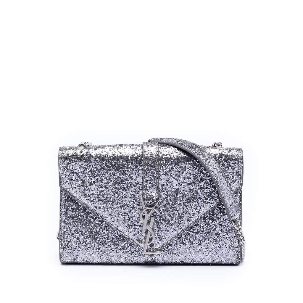 Saint Laurent Glitter Galactica Leather Monogram Envelope Chain Wallet Silver Leather Very good condition - Front View