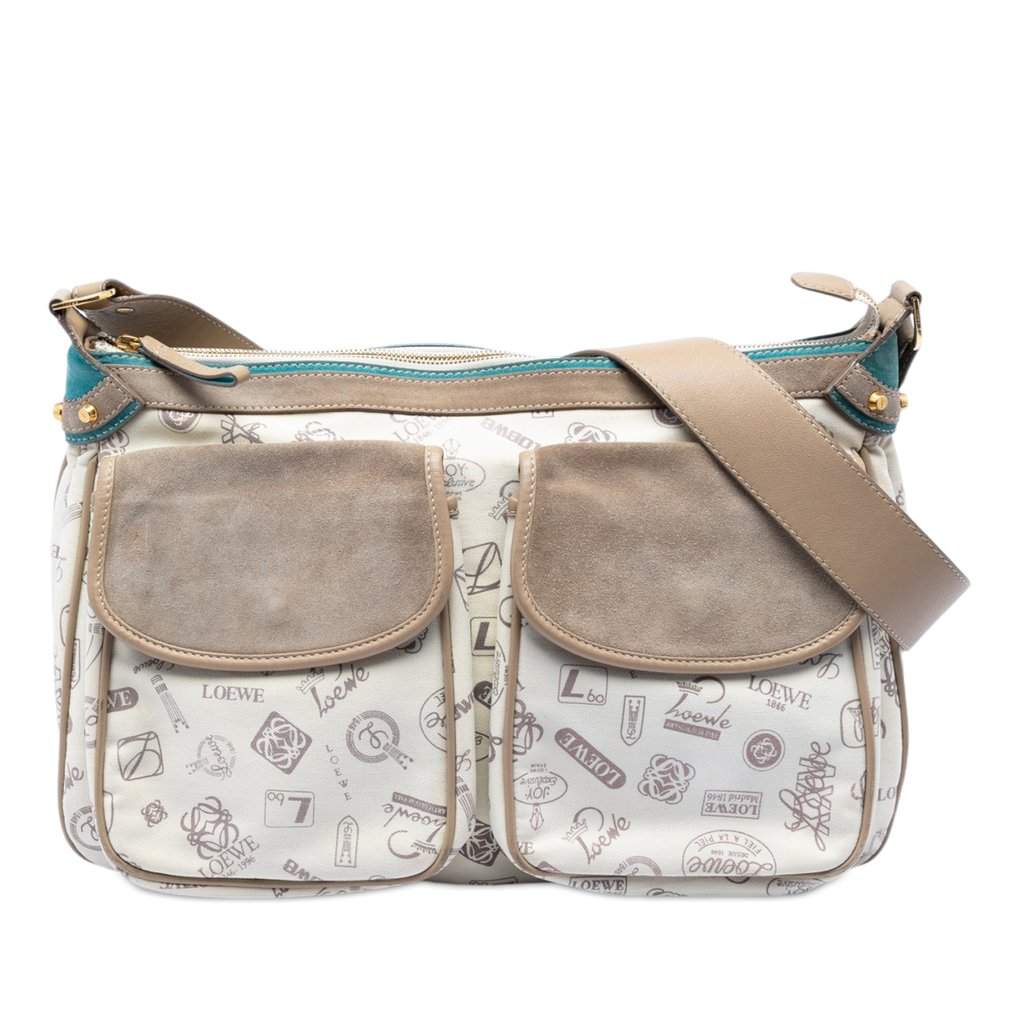 Loewe 160th Anniversary Suede Trimmed Canvas Crossbody Beige Very good - Front View
