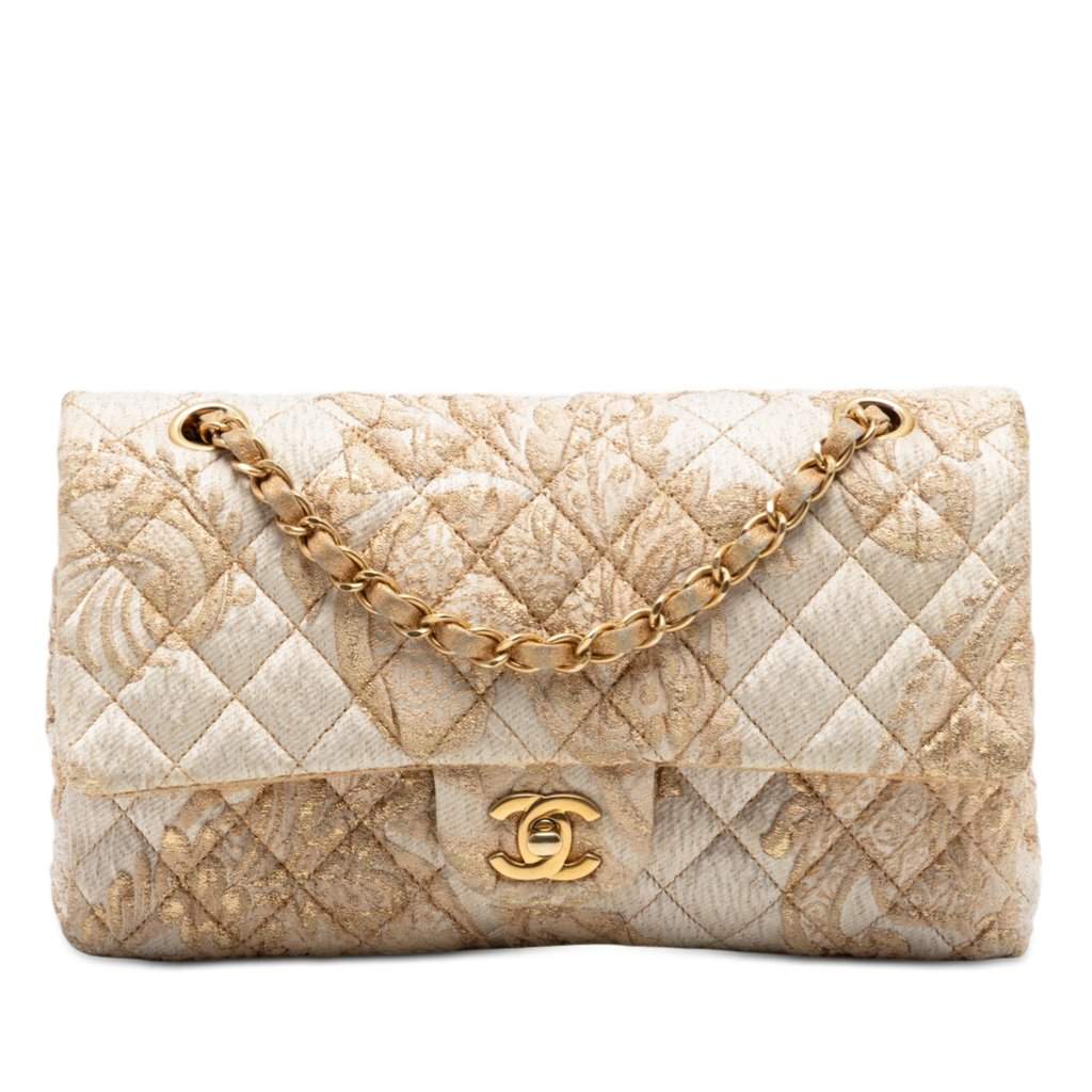 Chanel Medium Classic Embroidered Canvas Double Flap Beige Very good condition - Front View