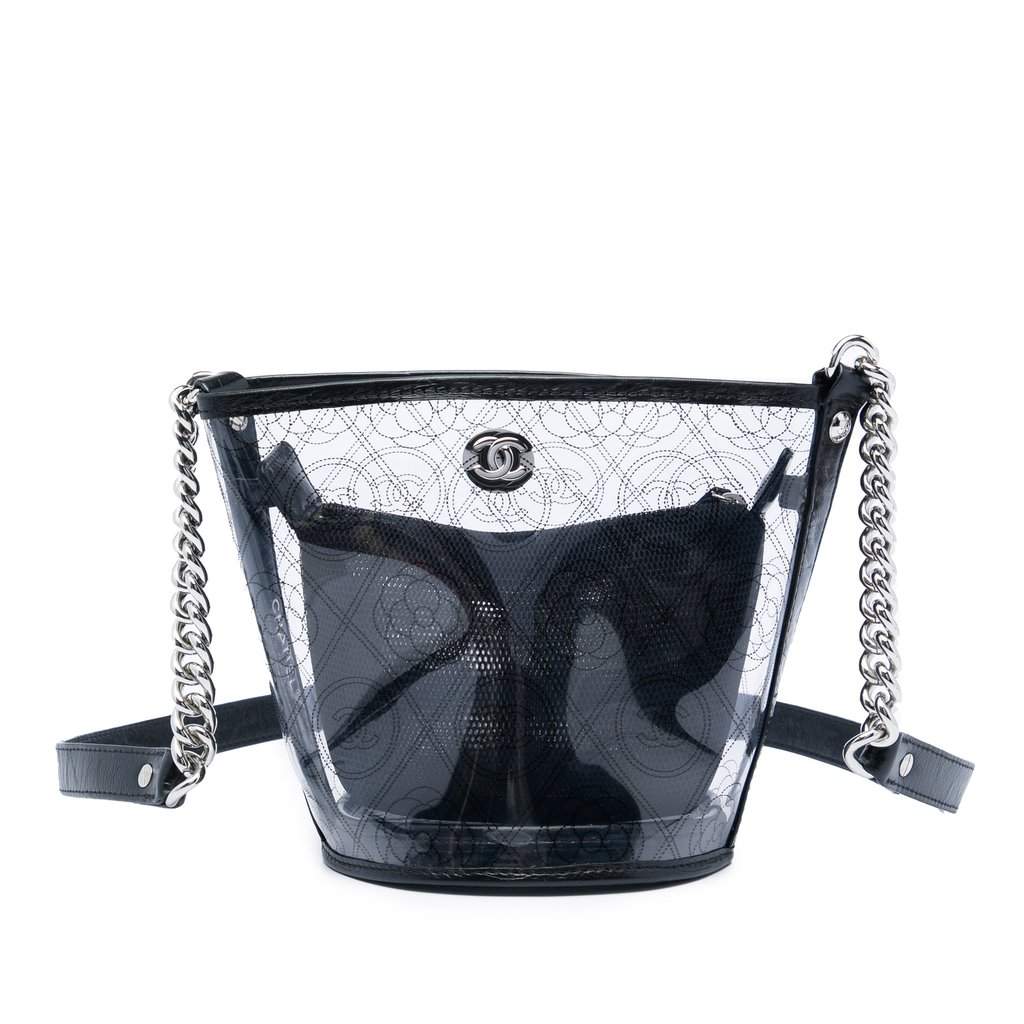 Chanel Small PVC and Crumpled Calfskin Camellia Coco Bucket Bag Black Plastic Very good condition - Front View