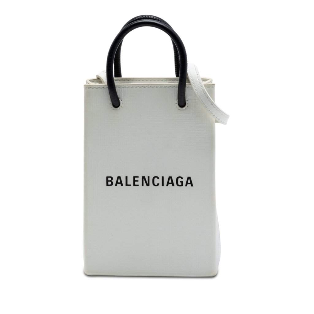 Balenciaga Mini Calfskin Logo Shopping Phone Holder White Leather Very good condition - Front View