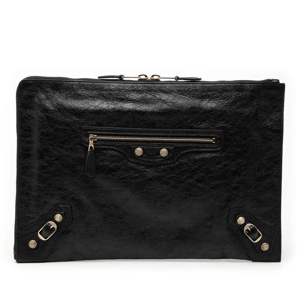 Balenciaga Lambskin Motocross Giant 12 Zip Around Flat Clutch Black Leather Very good condition - Front View