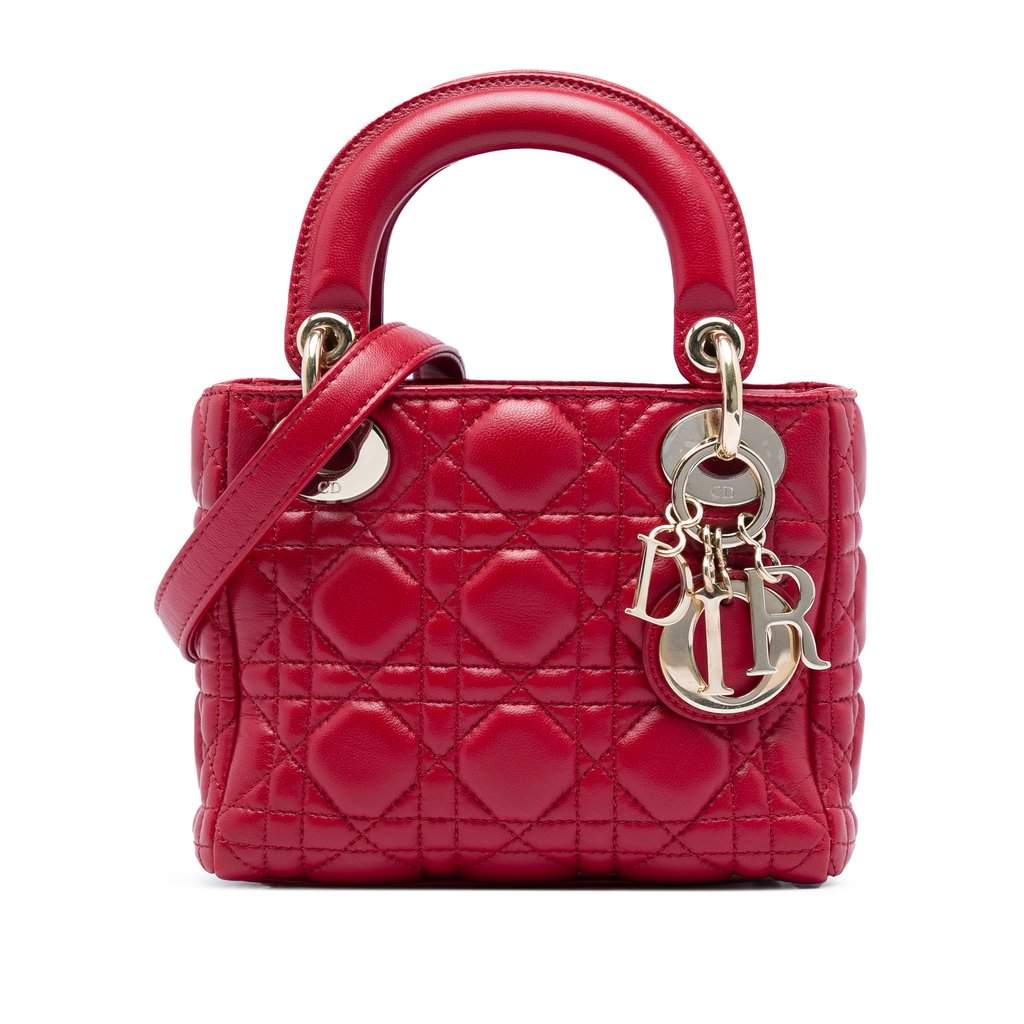 Dior Mini Lambskin Cannage Lady Dior Red Leather Very good condition - Front View