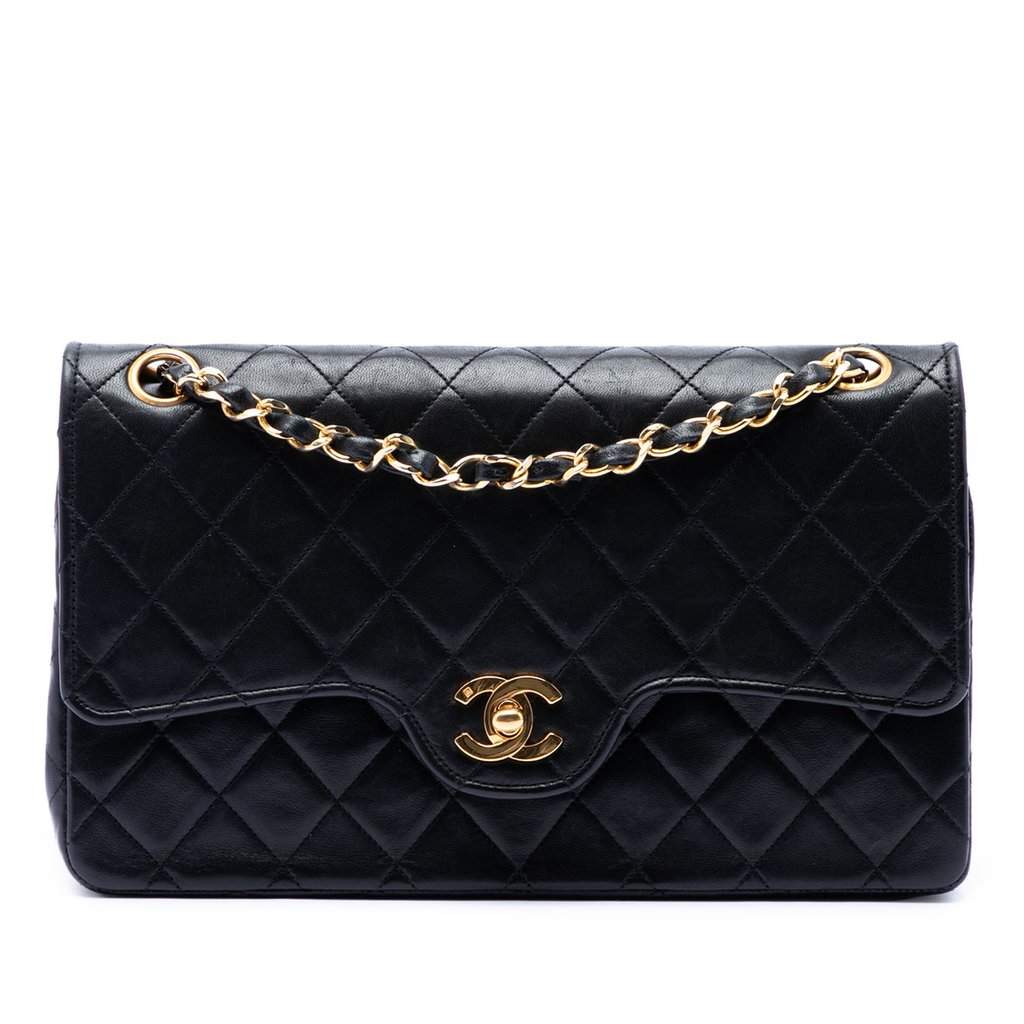 Chanel Medium CC Quilted Lambskin Double Flap Black Leather Very good condition - Front View