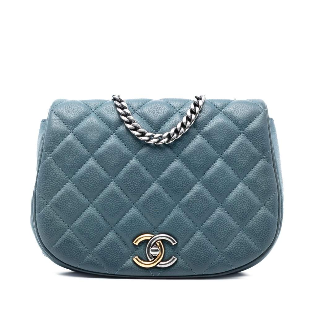Chanel Small Quilted Caviar Casual Pocket Flap Blue Leather Very good - Front View
