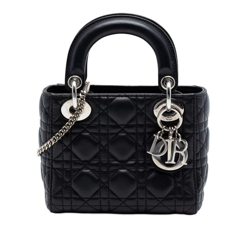 Dior Mini Lambskin Cannage Lady Dior Black Leather Very good condition - Front View