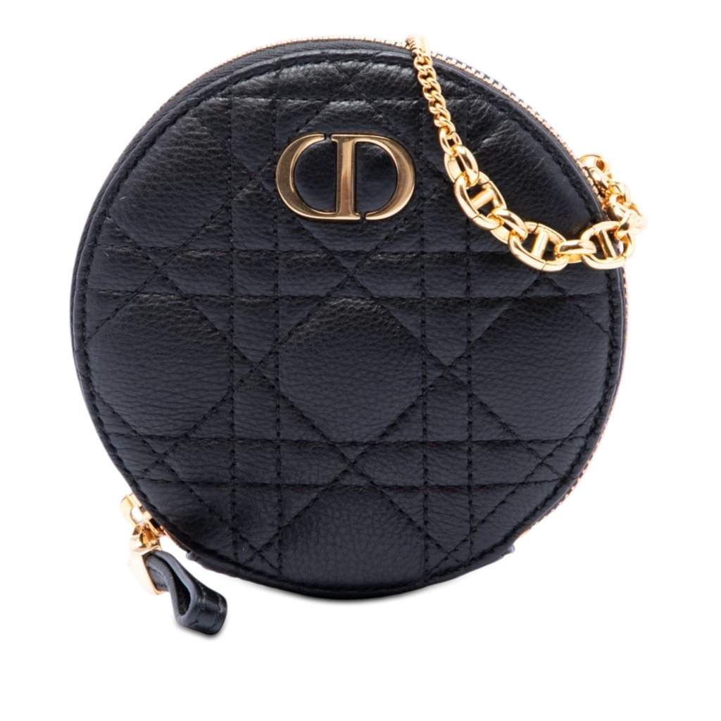 Dior Calfskin Cannage Round Caro Pouch with Chain Black Leather Very good - Front View