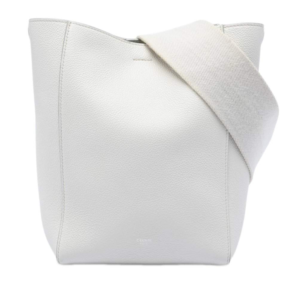 Celine Small Soft Grained Calfskin Seau Sangle Bucket Bag White Leather Very good condition - Front View