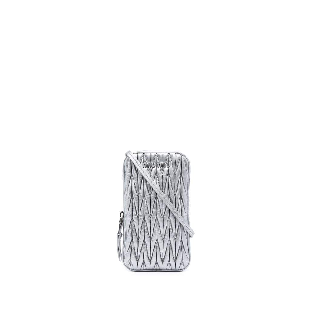 Miu Miu Matelasse Metallic Nappa Phone Holder Crossbody Silver Leather Very good condition - Front View