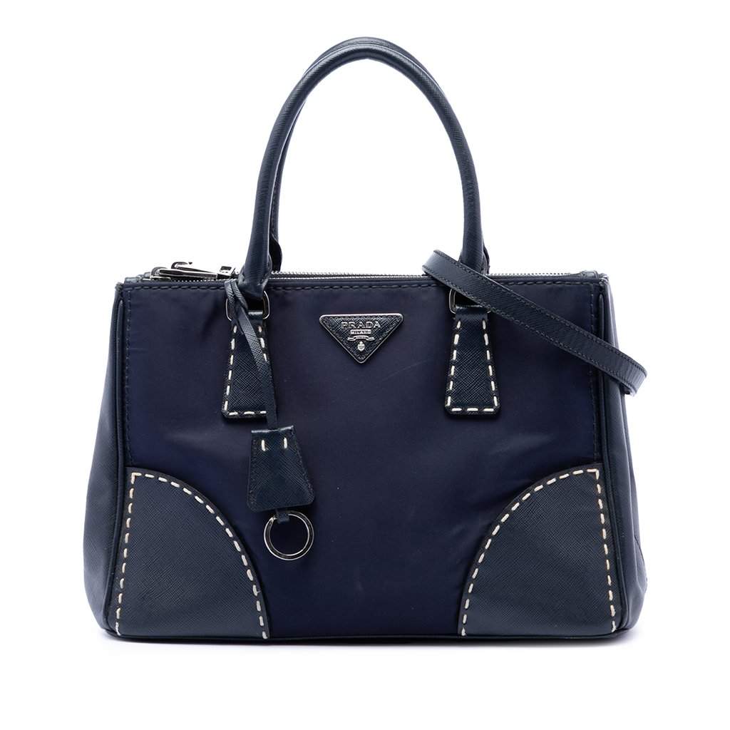 Prada Small Tessuto and City Calf Hand Stitched Galleria Double Zip Satchel Blue Very good condition - Front View