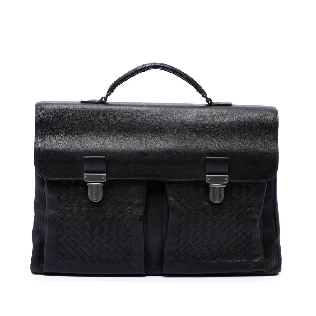 Bottega Veneta Intrecciato Trimmed Nappa Business Bag Black Leather Very good - Front View