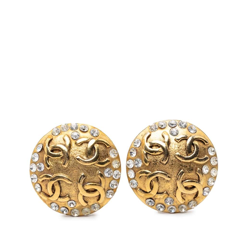 Chanel CC Gold Plated Strass Round Clip On Earrings Gold Metal Very good condition - Front View