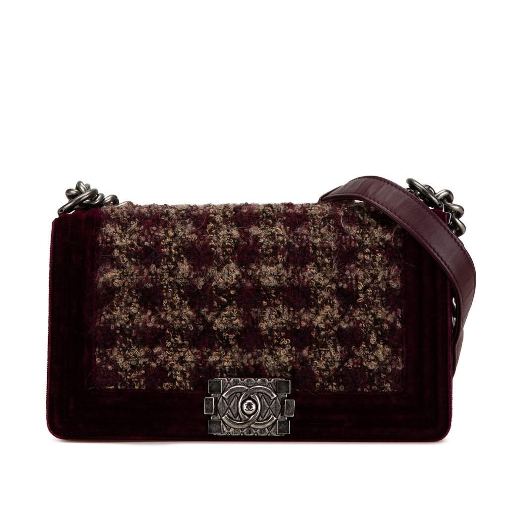 Chanel Old Medium Velvet and Tweed Boy Flap Red Very good - Front View